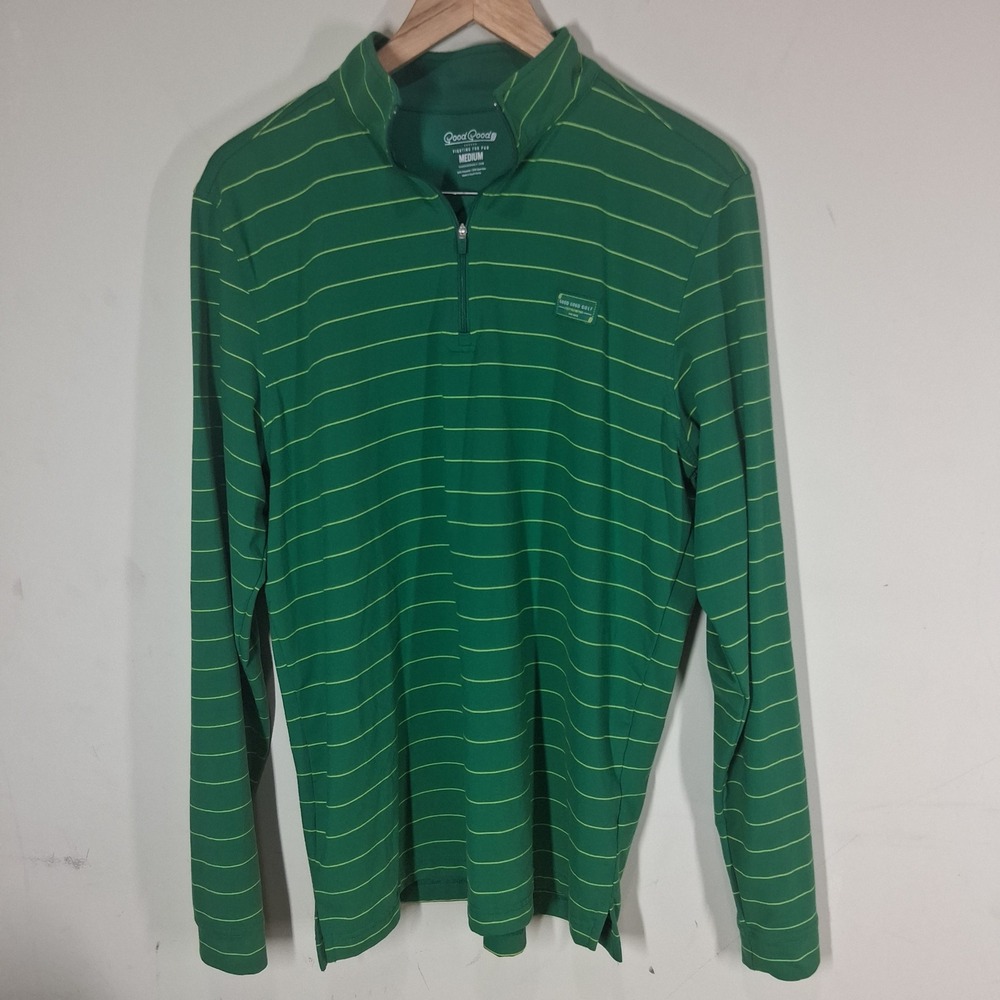 Good Good Golf Mens Green Striped Quarter Zip Pullover Long Sleeve Shirt Medium